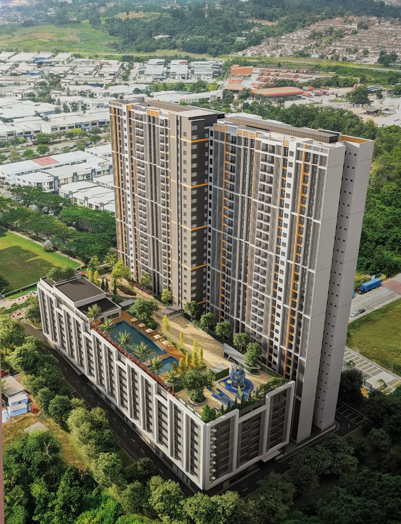 Aerial view of the i-nova towers and podium