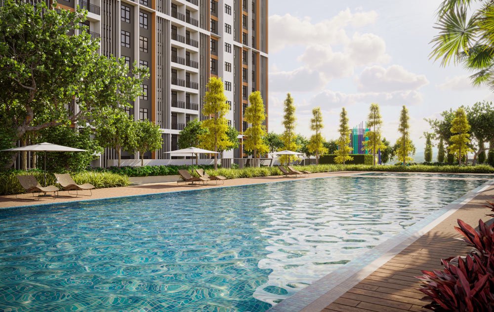 Artist impression of the swimming pool deck with loungers and cabanas